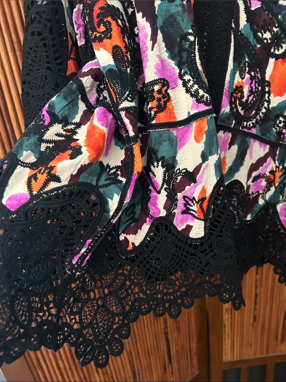 Democracy Floral V-Neck Tunic with Black Crochet Trim in Purple, Orange & Green - Picture 11 of 16